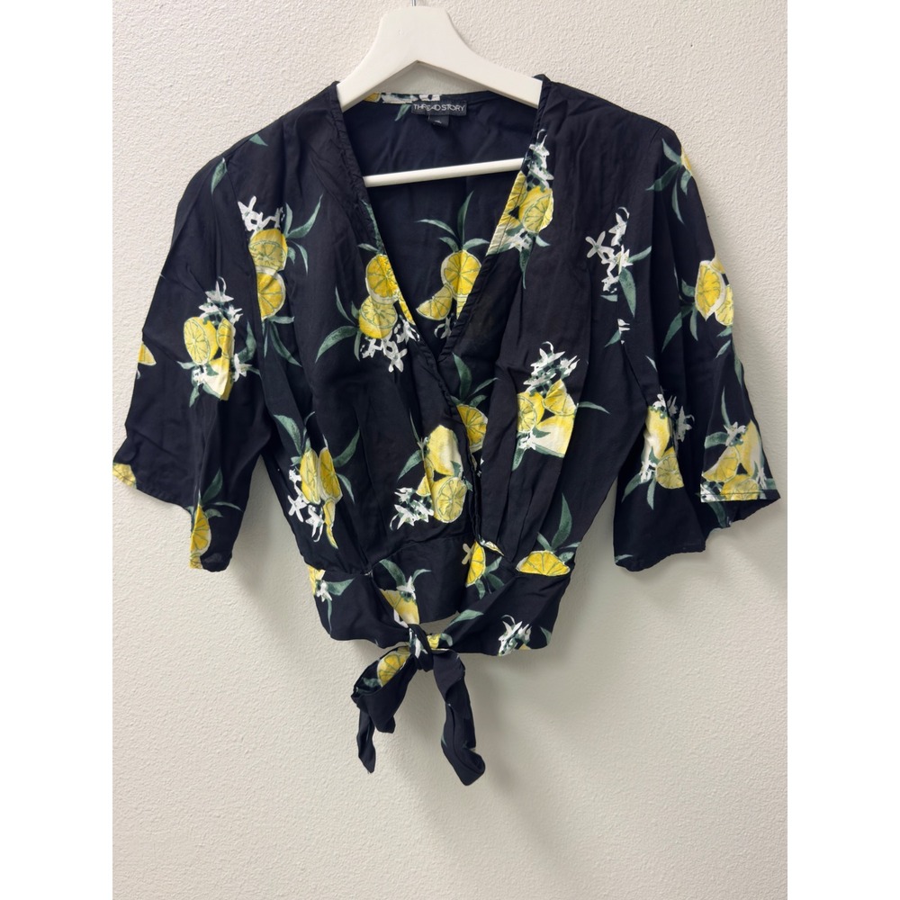 Thread Story Lemon Print Wrap Top Womens XL Black Yellow Tie Front Crop